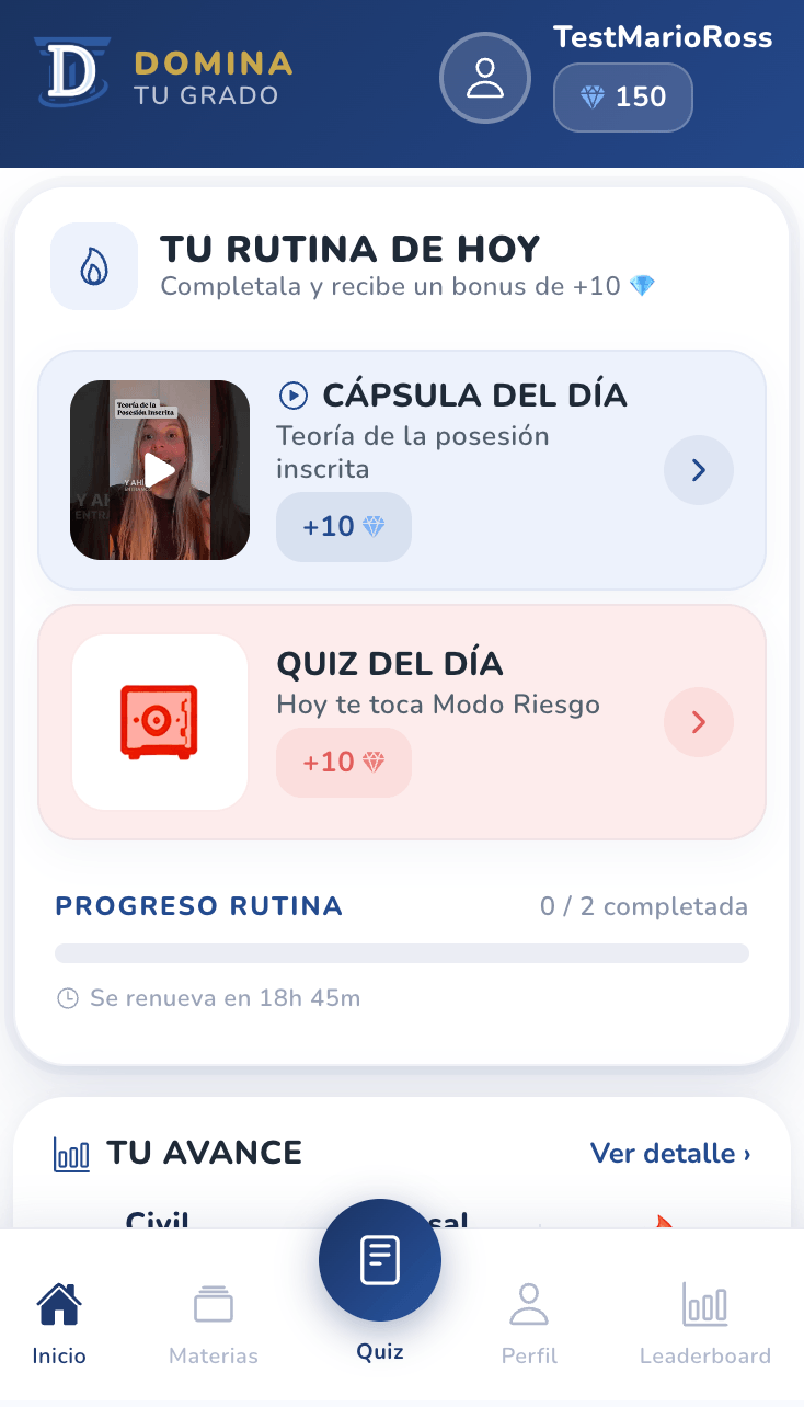 Pantalla de inicio de la App Quiz para estudiantes de Derecho