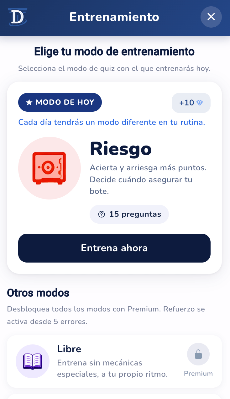 Modo de entrenamiento con preguntas de Derecho Civil y Procesal